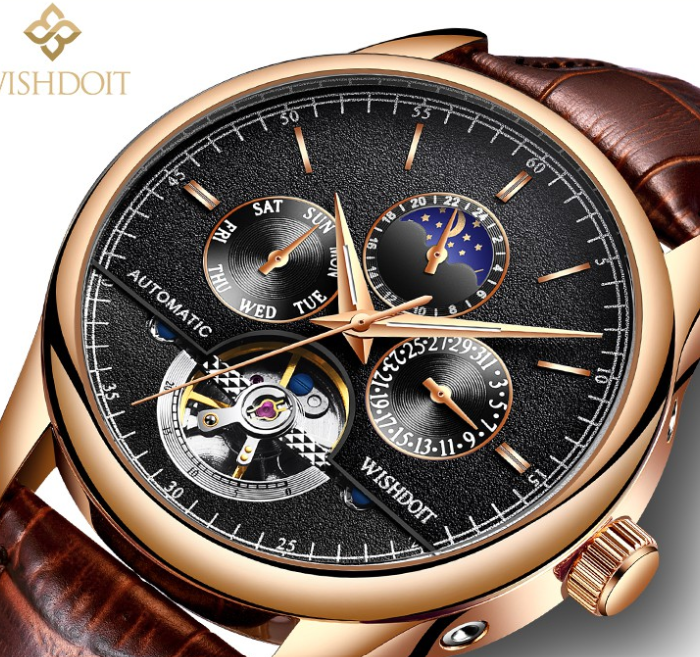 WISHDOIT Watch For Men Original Waterproof Leather Strap Business Fashion Luminous Automatic Mechanical Wristwatch  BROWNBLACK