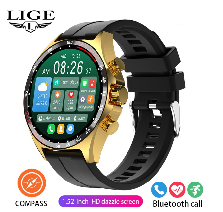 LIGE New GPS Smart Watch Men Outdoor Compass Sport Fitness Bracelet Bluetooth Call Clock Waterproof Steel Smartwatch SILICONE GOLD