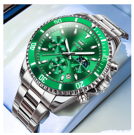 Olevs Fashion Watch For Men Quartz Authentic Water Proof Original Stainless Steel Business Calendar Chronograph Luminous Watch GREEN DIAL SILVER STRAP