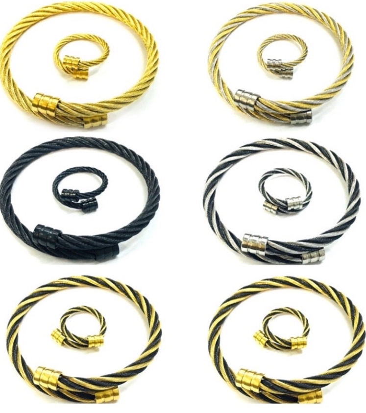 Stainless steel Bangles with Ring Gold White Black Twotone Adjustable Bangle for Adult