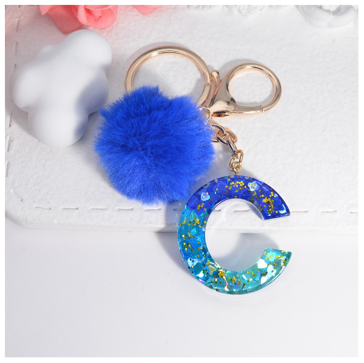 Exquisite Blue Pompom A-Z 26 Letter Keychain Glitter Heart Sequin Filled Initials Keyrings Bag Accessories Charm Car Keyholder C