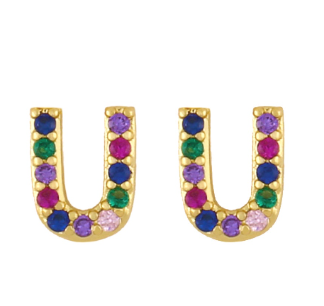 New European and American Fashion Gold 26 Letters Colorful Zircon Alphabet Stud Earrings Women Jewelry Gifts U