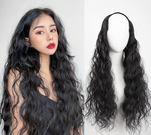 50cm Long Curly Hair Wig U-Shaped Fluffy Corn Wave One Piece Invisible Hair Extension Clip in Wig
