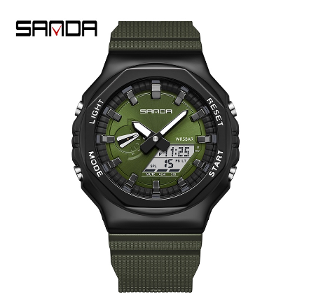 Sanda Men's Watch Luminous Multi-function Metal Luxury Fashion Men's Sports Watch GREEN BLACK