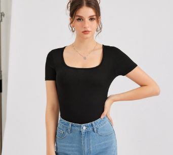 Casual Plain Basic Square Neck High Elasticity Bodysuit L30ED003 Black