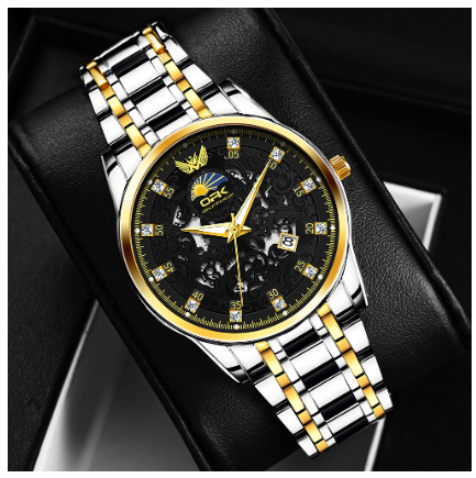 OPK Watch For Men Waterproof Luminous Quartz Original Calendar Diamond Stainless Steel Strap Watch BLACK DIAL TWO TONE STRAP