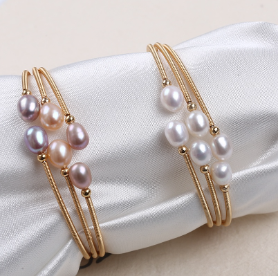 Freshwater Rice Pearl Bead Wire Wrapped Adjustable Cuff