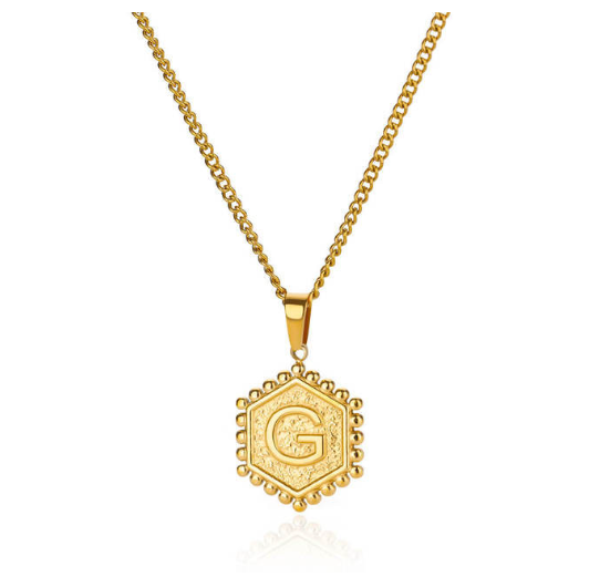 Fashion Hexagon A-Z Letter Necklaces For Women Stainless Steel Initial Hexagon Pendant Necklace G