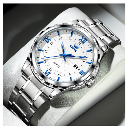 OPK Watch For Men WaterProof Original Stainless Steel Leather Strap Fashion Luminous Calendar Quartz Mens Watch BLUE DIAL SILVER STRAP