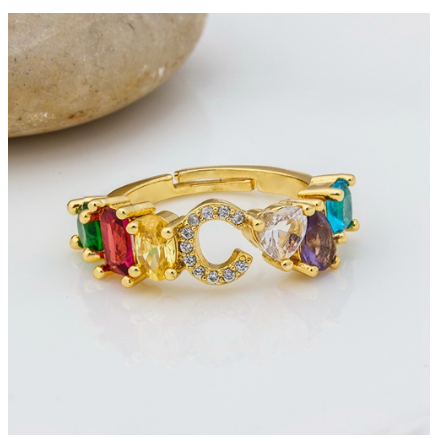 Hot Sale Adjustable A-Z 26 Initial Ring Bohemian Copper Zircon Rainbow Letter Rings for Women Girls Jewelry C