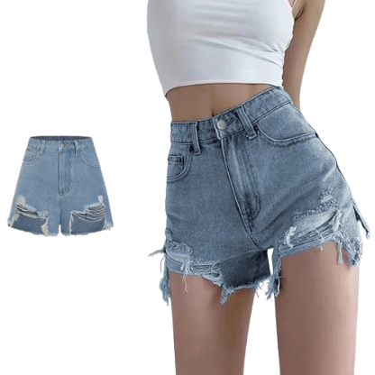 Lovito Women Casual Plain Raw Hem Ripped Denim Shorts L74ED022
