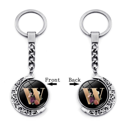 1PC Exquisite 26 Letter Glass Keychains Double Sides Moon Flower A-Z Initials Keyrings Handbag Charms Ornaments Gifts W