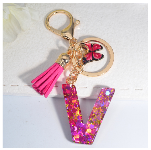 Fashion Gradient A-Z Letter Keychains Sweet Butterfly Tassels Pendant Alphabet Keyrings Name Initials Key Chains Accessories V