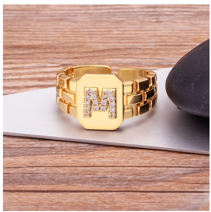 New Arrival Fashion Gold Color Initial Ring Open Design Adjustable Hot Sale A-Z Letters Zircon Rings For Women M