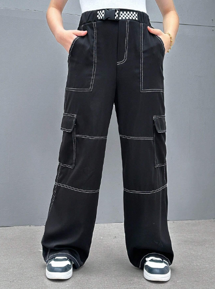 SHEIN Teen Girl Checker Buckle Belted Top-stitching Flap Pocket Side Cargo Pants