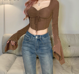 Women Drawstring Ruched Casual V-neck Long Sleeve Top