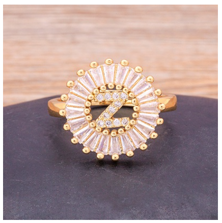 Initial 26 Alphabet Adjustable Size Gold Color Zircon A-Z Letter Ring Statement Name Jewelry Z