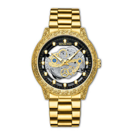 Binbond 100% Original Men's Double Hollow Fashion Stainless Steel Luxury Waterproof Gold Business Quartz Watch M3