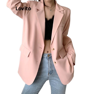Lovito Women Casual Plain Oversized Shoulder Pads Blazer L71ED079 (Pink)
