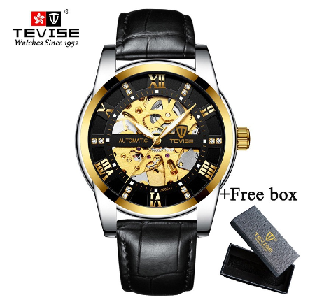 TEVISE Original Watch for Men Automatic Waterproof watch relo Gold Skeleton Luxury Stainless Steel Steel leather strap Luminous 9005A 10