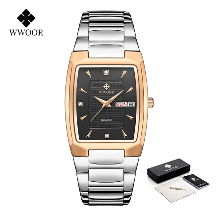Wwoor Watch Men With Automatic Week Date Luxury Stainless Steel Gold Mens Quartz Wrist Watch BLACK DIAL ROSEGOLD CASE SILVER STRAP