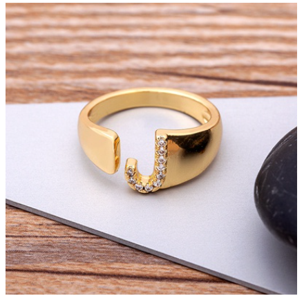 Fashion Chunky Wide Hollow A-Z Letter Gold Color Opening Ring Initials Name Alphabet Female Jewelry J