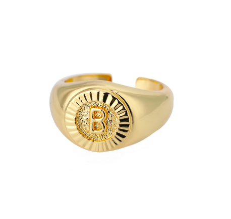 Maxzone Vintage Initial Letter Signet Rings For Women Stainless Steel Ring Round Opening Gold Letter Ring Aesthetic Wedding Jewelry Gift B