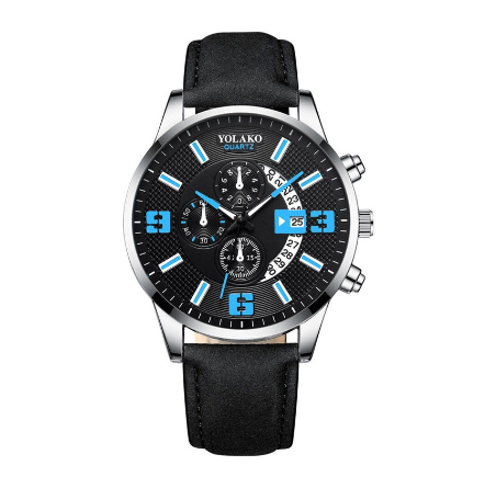 YOLAKO Stainless Steel Men's Quartz Sport Waterproof Watch Men Relo Watch LEATHER SILVER BLUE