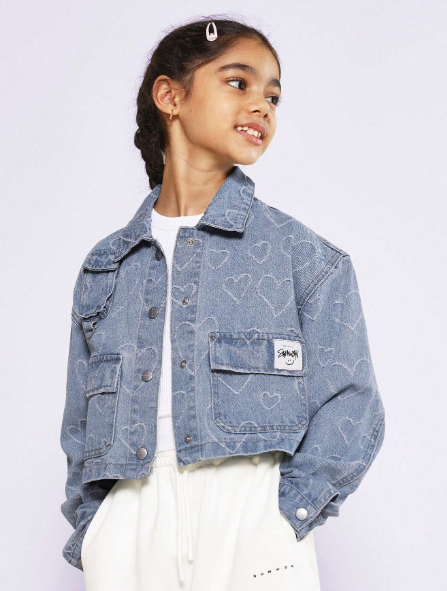 SUMWON Tween Girls Crop Heart Denim Jacket