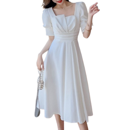 Lovito Women Casual Plain Draped Square Neck Dress LNE33142 (White)