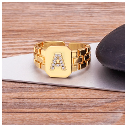 New Arrival Fashion Gold Color Initial Ring Open Design Adjustable Hot Sale A-Z Letters Zircon Rings For Women A