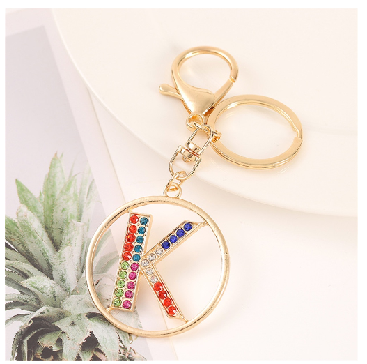 Colorful Rhinestone A-Z Letter Keychain Hollow Round Initials Alloy Keyring Bag Pendant Ornament DIY Accessories Charms Gift K