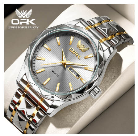 OPK Mens Watch Waterproof Original Quartz Luminous Calendar Stainless Steel Watch GRAY DIAL TWO TONE STRAP