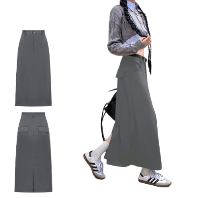 Lovito Women Casual Plain Split Back Pocket Skirts L70AD066 (Grey)