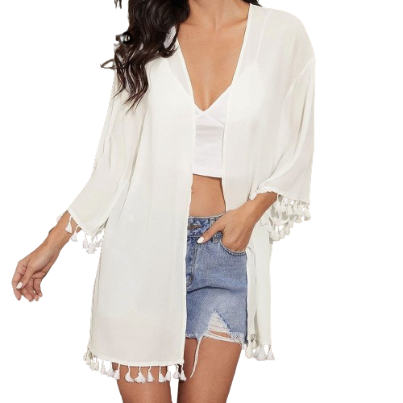 Lovito Women Casual Plain Tassel Kimono LNL36127 (White