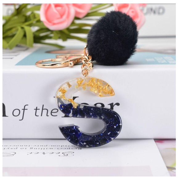 Lanfy Black Pompom Letter Keychain 26 Letter Initials Alphabet A To Z 26 Alphabet Keyring Cute A To Z 26 Black Pompom Resin Birthday Gifts S