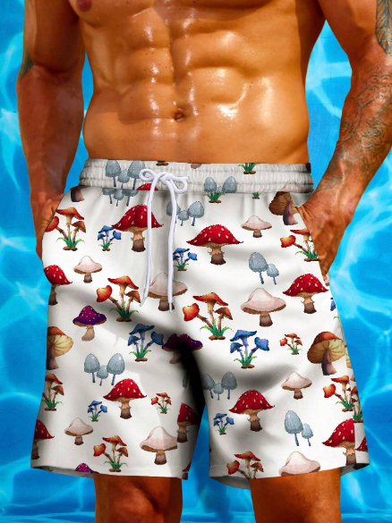Men's Swim Trunks, Hawaiian Holiday Leisure Hippie Mushroom Art Pattern 3D Digital Print, No Lining, Drawstring Beach Shorts For Casual Daily Holiday, Summer