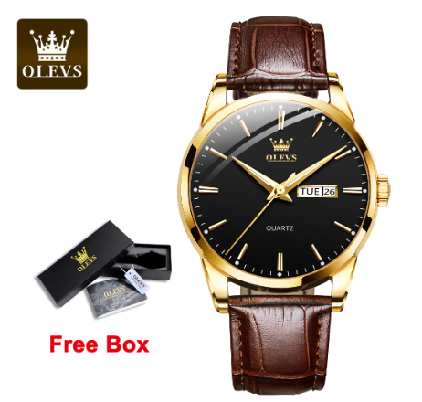 Olevs Watch For Men Waterproof Leather Strap Original Fashion Quartz Luminous Business Calendar Men's Watches BLACK DIAL GOLD CASE BROWN LEATHER STRAP