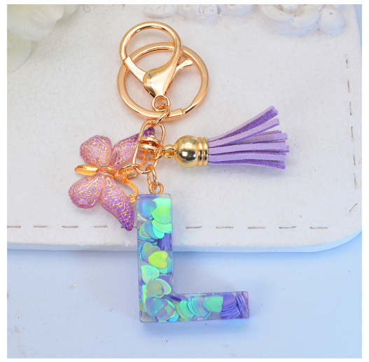 Sparkling 26 Letter Keychain With Butterfly Pendant Exquisite Heart Sequin Filled A-Z Initials Keyrings Bag Pendant Charms Gifts L