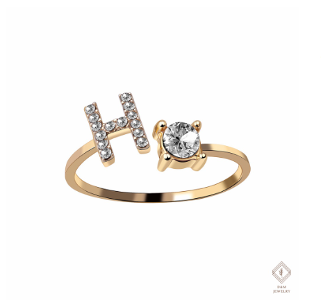 26 Letter Rings Cubic 14K Gold Promise Ring Diamond Ring Wedding 925 Silver Ring Adjustable Size H