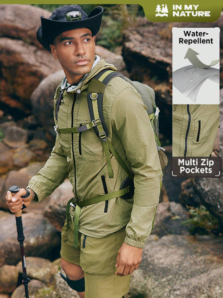 Men's Solid Color Zipper & Drawstring Closure Hooded Sports Jacket, Suitable For Hiking, Outdoor Travel