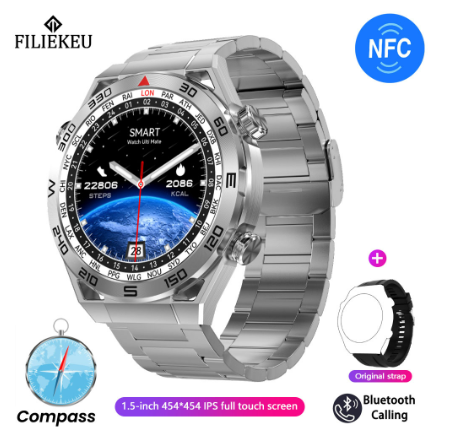 FILIEKEU Watch Ultimate GPS compass smart watch bluetooth call waterproof sports fitness ECG smart watch SILVER  STEEL A