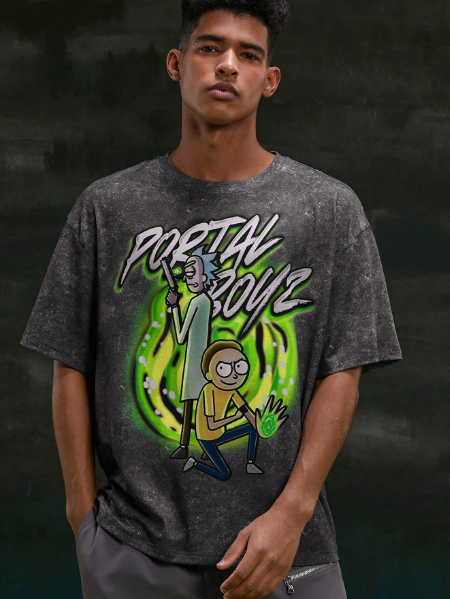 Rick and Morty X SHEIN Men 1pc Cartoon Character & Letter Printed Drop Shoulder Loose Casual Summer T-Shirt