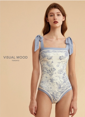 IKEA New Bowknot Swimsuit Printed Square Neck One Piece Swimwear Beach Wear