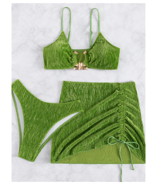 3 Pieces Solid Green Bikini Set Women Metal Designer Cut Out Pleate Skirt Swimsuit 2023 Beach Bath