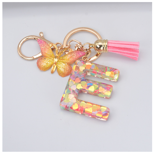 Exquisite 26 Letter Resin Keychain with Pink Tassel Gradient Butterfly Pendant Key Ring Women Bag Ornaments Accessories E
