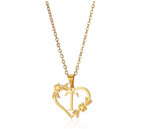 New Personalized Creative Gold Plated Stainless Steel Love Flower Hollow Heart A-Z Letter Necklace Initial Name Pendant Women's T