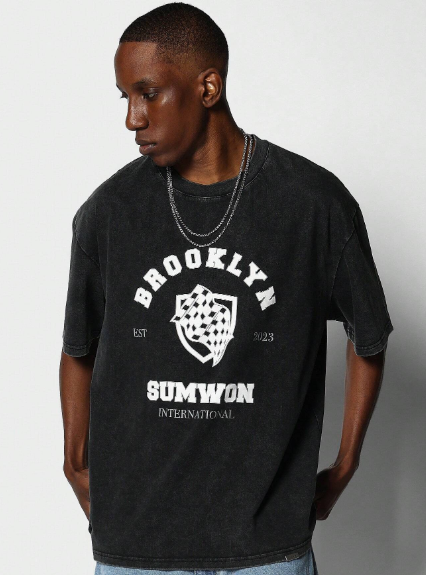 SUMWON Washed Tee With Brooklyn Graphic Print College Ready