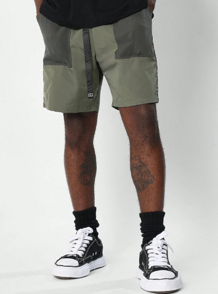 SUMWON Nylon Short With Colour Blocked Pockets And Leopard Side Graphic Print