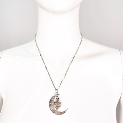 Silver Half Moon and Heart Pendant Necklace